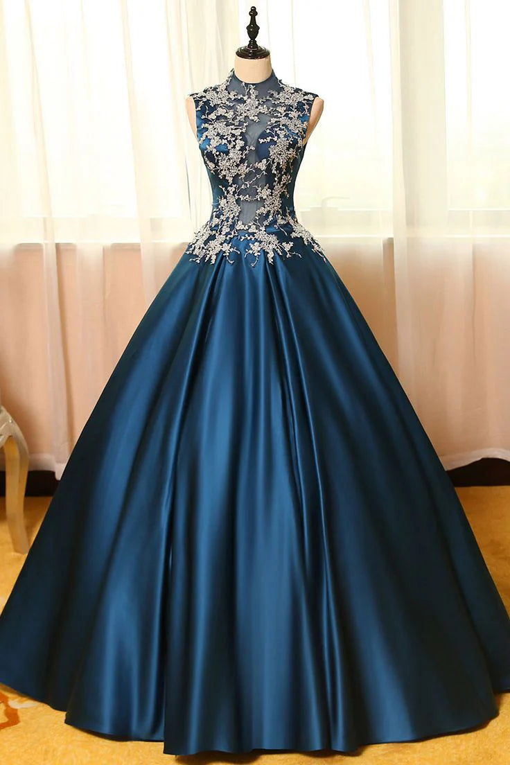 Robe de soirée longue en satin bleu paon pour femme, tenue de bal formelle, avec appliques en dentelle